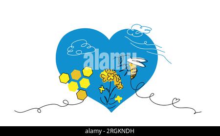 Biene, Honig, Waben und Blume in blauer Herzform. Vektorfarben in Gelb und Blau für ukrainisches Honigetikett-Design. Eins Stock Vektor