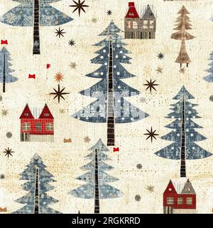 Rustikales landhaus mit primitivem Handnähstoff-Effekt. Gemütliches nostalgisches, schäbiges, hausgemachtes amerikanisches Kunsthandwerk im Winter Stockfoto