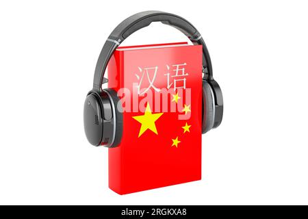 Chinesisches Lehrbuch mit Kopfhörern. Chinesisch lernen, Unterricht. 3D-Rendering auf weißem Hintergrund isoliert Stockfoto