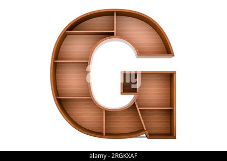 Buchstabe G, Alphabet als Bücherregal ohne Bücher, 3D-Rendering isoliert auf weißem Hintergrund Stockfoto