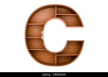 Buchstabe C, Alphabet als Bücherregal ohne Bücher, 3D-Rendering isoliert auf weißem Hintergrund Stockfoto
