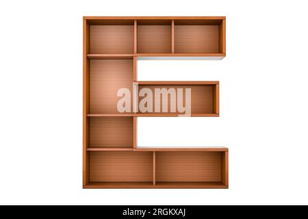 Buchstabe E, Alphabet als Bücherregal ohne Bücher, 3D-Rendering isoliert auf weißem Hintergrund Stockfoto