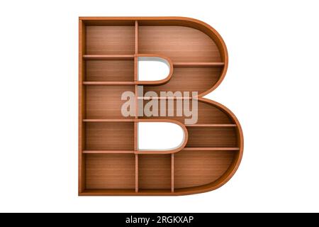 Buchstabe B, Alphabet als Bücherregal ohne Bücher, 3D-Rendering isoliert auf weißem Hintergrund Stockfoto