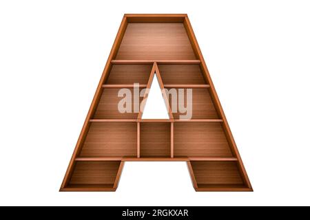 Buchstabe A, Alphabet als Bücherregal ohne Bücher, 3D-Rendering isoliert auf weißem Hintergrund Stockfoto
