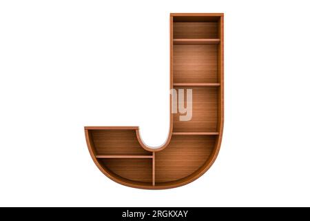 Buchstabe J, Alphabet als Bücherregal ohne Bücher, 3D-Rendering isoliert auf weißem Hintergrund Stockfoto