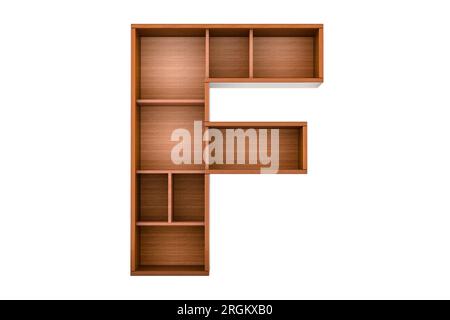 Buchstabe F, Alphabet als Bücherregal ohne Bücher, 3D-Rendering isoliert auf weißem Hintergrund Stockfoto