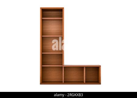 Buchstabe L, Alphabet als Bücherregal ohne Bücher, 3D-Rendering isoliert auf weißem Hintergrund Stockfoto