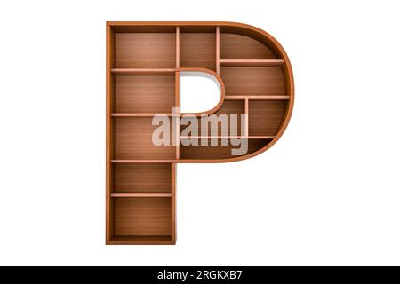 Buchstabe P, Alphabet als Bücherregal ohne Bücher, 3D-Rendering isoliert auf weißem Hintergrund Stockfoto