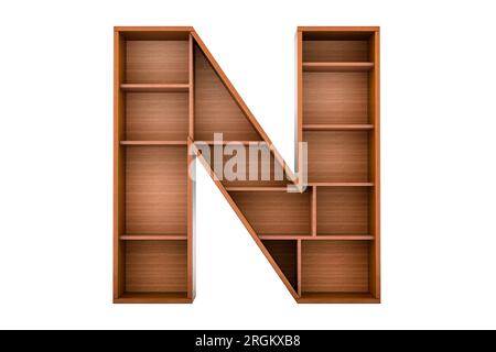 Buchstabe N, Alphabet als Bücherregal ohne Bücher, 3D-Rendering isoliert auf weißem Hintergrund Stockfoto