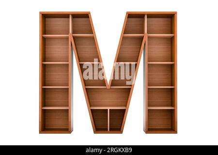 Buchstabe M, Alphabet als Bücherregal ohne Bücher, 3D-Rendering isoliert auf weißem Hintergrund Stockfoto