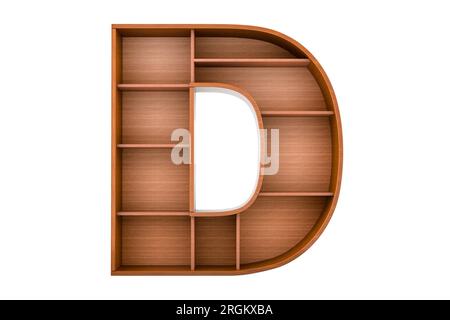 Buchstabe D, Alphabet als Bücherregal ohne Bücher, 3D-Rendering isoliert auf weißem Hintergrund Stockfoto