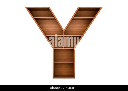 Buchstabe Y, Alphabet als Bücherregal ohne Bücher, 3D-Rendering isoliert auf weißem Hintergrund Stockfoto
