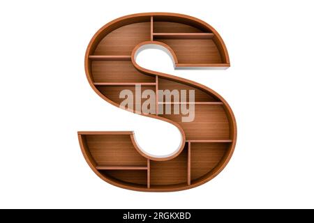 Buchstabe S, Alphabet als Bücherregal ohne Bücher, 3D-Rendering isoliert auf weißem Hintergrund Stockfoto