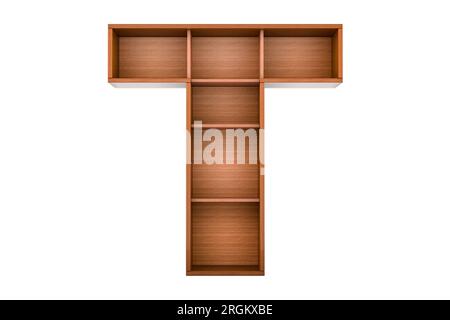 Buchstabe T, Buchstabe als Bücherregal ohne Bücher, 3D-Rendering isoliert auf weißem Hintergrund Stockfoto
