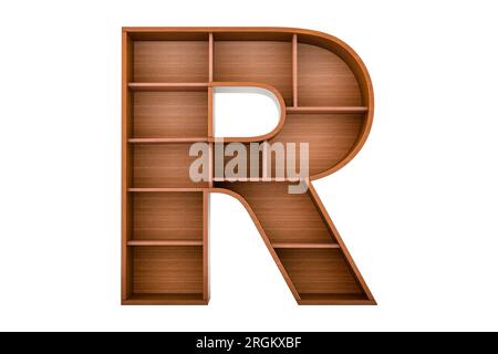 Buchstabe R, Alphabet als Bücherregal ohne Bücher, 3D-Rendering isoliert auf weißem Hintergrund Stockfoto