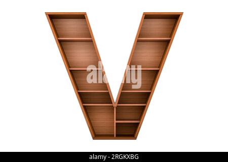 Buchstabe V, Buchstabe als Bücherregal ohne Bücher, 3D-Rendering isoliert auf weißem Hintergrund Stockfoto