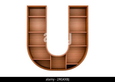 Buchstabe U, Alphabet als Bücherregal ohne Bücher, 3D-Rendering isoliert auf weißem Hintergrund Stockfoto