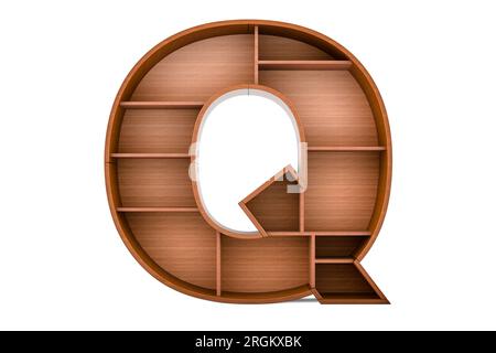 Buchstabe Q, Buchstabe als Bücherregal ohne Bücher, 3D-Rendering isoliert auf weißem Hintergrund Stockfoto