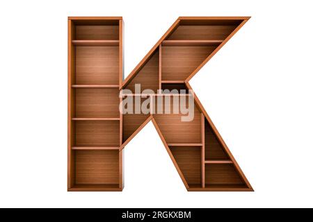 Buchstabe K, Alphabet als Bücherregal ohne Bücher, 3D-Rendering isoliert auf weißem Hintergrund Stockfoto