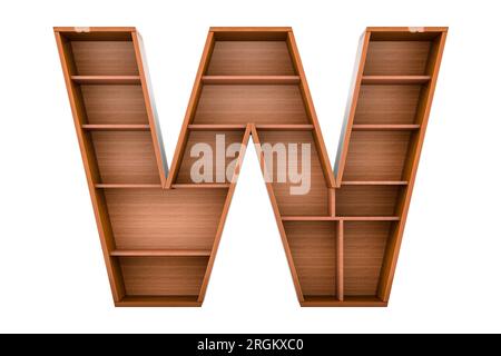 Buchstabe W, Buchstabe als Bücherregal ohne Bücher, 3D-Rendering isoliert auf weißem Hintergrund Stockfoto