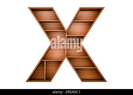 Buchstabe X, Alphabet als Bücherregal ohne Bücher, 3D-Rendering isoliert auf weißem Hintergrund Stockfoto