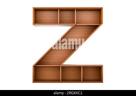 Buchstabe Z, Buchstabe als Bücherregal ohne Bücher, 3D-Rendering isoliert auf weißem Hintergrund Stockfoto