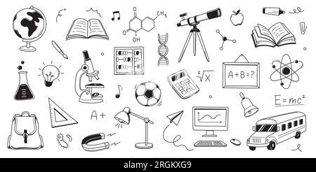 „Back to School Education“-Symbol. Handgezeichnete Linie, Kritzelskizze, zurück-zur-Schule-Illustration. Handgezeichnetes Buch, Tasche, Globus-Bildungselemente Hintergrund. Vektordarstellung. Stock Vektor