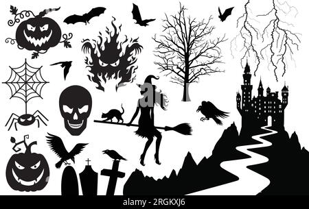 Halloween-Kollektion. Silhouetten von Halloween. Isoliert auf weiß. Stock Vektor