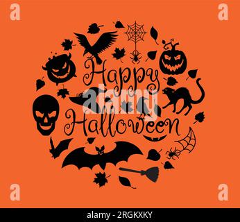Halloween-Details mit dem Text in Form eines Kreises auf orangefarbenem Hintergrund. Stock Vektor