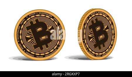 Goldene Bitcoin-Münze. Kryptowährung goldenes Münzbitzsymbol isoliert auf transparentem Hintergrund. Realistische Vektordarstellung Stock Vektor