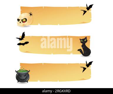 Banner mit einem Schädel, einer schwarzen Katze, einem wütenden Topf und schwarzen Fledermäusen. Isoliert auf weiß. Stock Vektor