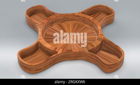 Dunkelbraune Holzplatte. Isoliert auf weißem Hintergrund. Runder Hohlraum in der Mitte mit vier seitlichen Geschirrtaschen. 3D-Darstellung für Konsumgüterdesign Stockfoto