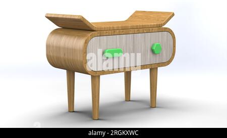 Holzschublade mit Arbeitsfläche. Grüner Griffknopf. Isoliert auf Weiß. Möbeldesign 3D-Renderbild Stockfoto