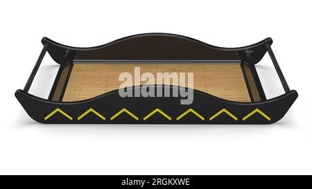 Schwarzes Tablett mit Holzboden und dünnen Griffen. Wave Shape Tray isoliert auf weißem Hintergrund. 3D-Rendering der Produktkonstruktion Stockfoto