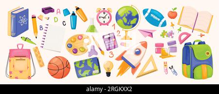 Vector großes Set mit Schulbedarf und Accessoires. Stock Vektor