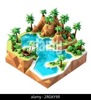 3D isometrische Low-Poly-Darstellung einer tropischen Insel mit einem Fluss mit einfachen, polygonarmen Bäumen. Stock Vektor
