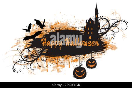 Grunge halloween-Banner mit Fledermäusen und Kürbissen und „Happy Halloween“-Text. Isoliert auf weiß. Stock Vektor