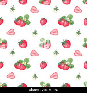 Nahtloses Muster mit Erdbeeren, Blättern und Blumen auf weißem Hintergrund. Aquarellzeichnung. Drucken Sie auf Stoff und Papier. Hintergrundbild. Beeren. Stockfoto