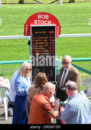 Brighton UK 10. August 2023 - Rennfahrer und Buchmacher genießen einen wunderschönen sonnigen Tag am Brighton Races Ladies Day während des Star Sports 3 Day Festival of Racing : Credit Simon Dack / Alamy Live News Stockfoto