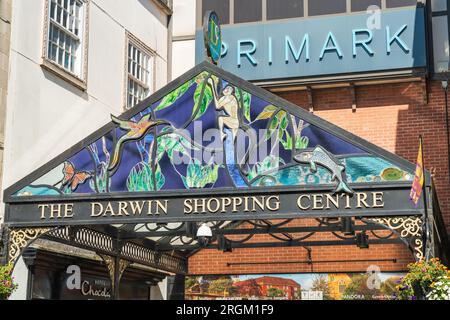 Shrewsbury, England – August 10 2023: Fassade des Darwin Shopping Centre in Shrewsbury, Shropshire, Großbritannien Stockfoto