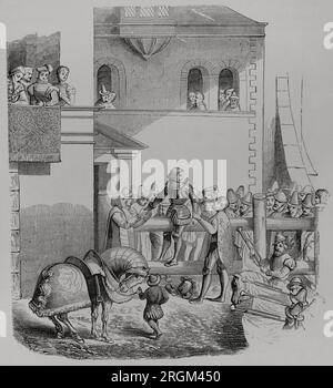 Erniedrigung eines Ritters. Gravur aus dem 19. Jahrhundert nach einem Holzschnitt, der Jost Amman 1565 zugeschrieben wurde. „Vie Militaire et Religieuse au Moyen Age et à L'Epoque de la Renaissance“. Paris, 1877. Stockfoto