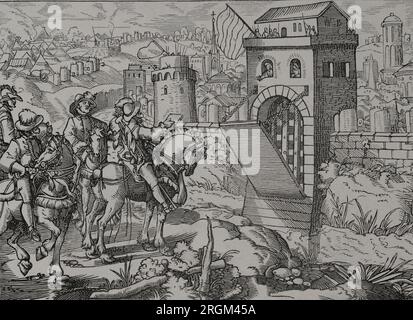 Belagerung einer Stadt durch eine Feudalarmee. Befehl zum Öffnen der Tore und zum Ablegen der Waffen. Gravur aus Kriegsbuch von Leonhardt Fronsperger, Frankfort, 1575. "Vie Militaire et Religieuse au Moyen Age et à l'Epoque de la Renaissance". Paris, 1877. Stockfoto