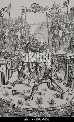 König Artus kämpft gegen den Riesen, unter dem Schutz der Jungfrau. Faxe aus dem 19. Jahrhundert nach Gravur in 'Chroniques de Bretagne', 1514. "Vie Militaire et Religieuse au Moyen Age et à l'Epoque de la Renaissance". Paris, 1877. Stockfoto