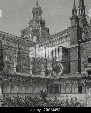 Italien. Certosa di Pavia. Kleines Kloster. Gravur von Bertrand und Huyot. "Vie Militaire et Religieuse au Moyen Age et à l'Epoque de la Renaissance". Paris, 1877. Stockfoto