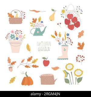 Vector Fall Garten Blumen Kompositionen Set. Herbsterntfest, Körbe mit Pflanzen, Obst, Sonnenblumen für Karten, Banner, Poster. Stock Vektor