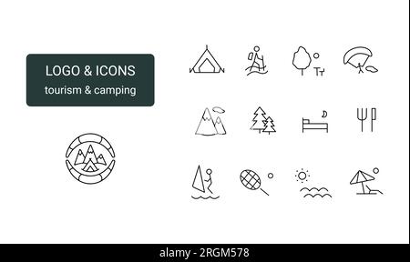 Logo und Symbole für Tourismus, Camping, Outdoor-Aktivitäten, Sportkomplex. Zelt, Wandern, Park, Wald, Gleitschirmfliegen, Berge, Hotelbar, Windsurf-Tennis Stock Vektor