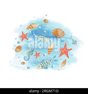 Unter der Meereszusammensetzung. Süßes Seepferdchen, Fische, Seesterne, Muscheln, Wasserblasen und blaue Wasserfarben. Handgezeichnete Illustration. Für Karten Stockfoto