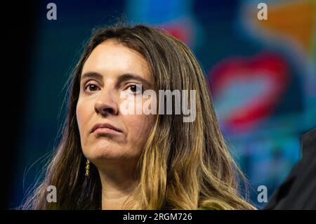Bogota, Kolumbien. 10. Aug. 2023. Der kolumbianische Senator Paloma Valencia nimmt am 10. August 2023 an einer Veranstaltung Teil, bei der die Kandidaten für den parteirat von Bogota, Centro Democratico, bekannt gegeben werden. Foto: Sebastian Barros/Long Visual Press Credit: Long Visual Press/Alamy Live News Stockfoto
