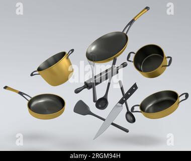 Set aus fliegendem Stewpot aus Edelstahl, Bratpfanne und Kochgeschirr aus verchromtem Aluminium auf weißem Hintergrund. 3D Render von antihaftbeschichteter Küchenutensilien Stockfoto