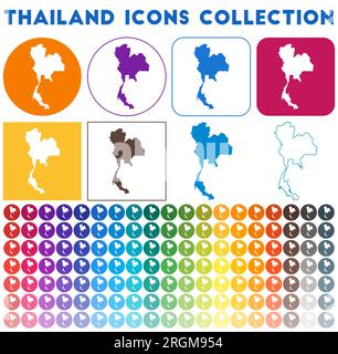 Thailands Icons Kollektion. Bunte, trendige Kartensymbole. Modernes Thailand-Abzeichen mit Landkarte. Vektorabbildung. Stock Vektor